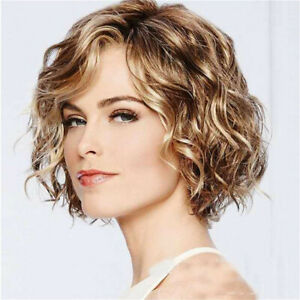 Short Wavy Curly Women Wigs with Bangs Blonde Bob Synthetic Cosplay Party Wig US